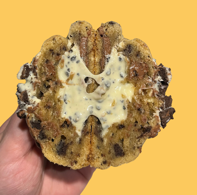 Cookies and cream cookie stuffed with cookie spread and white chocolate