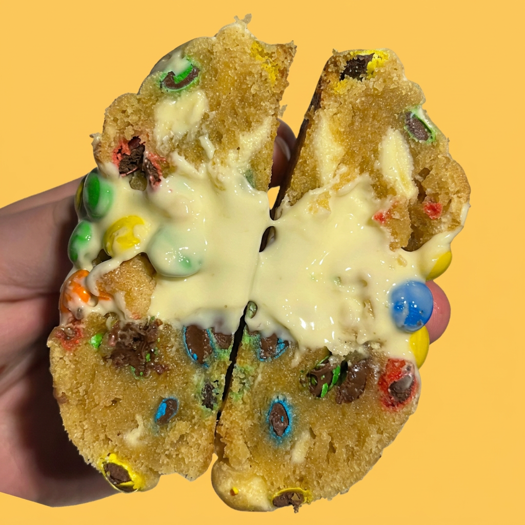 White chocolate m&m cookie cross section with melted white chocolate and colourful candy shells